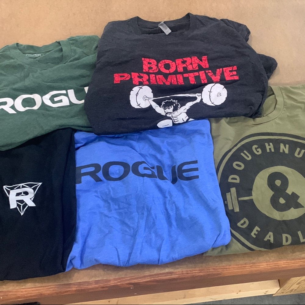 Lot of 5 CrossFit related shirts. Born Primitive, Rogue Fitness